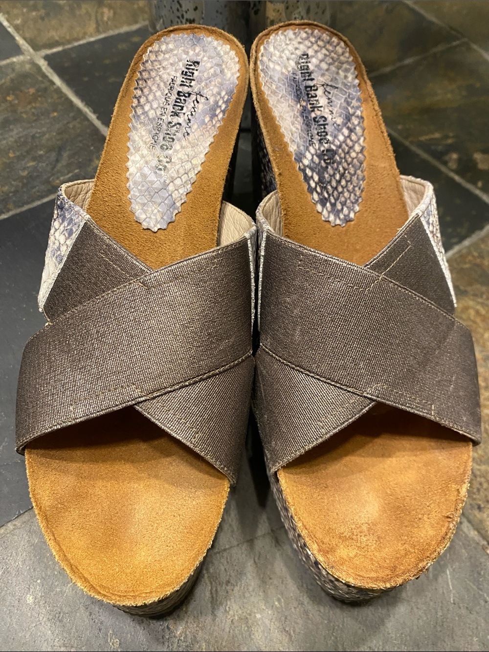 Wide Crisscross Wedge Sandals in Brown w/Snakeskin Detailing